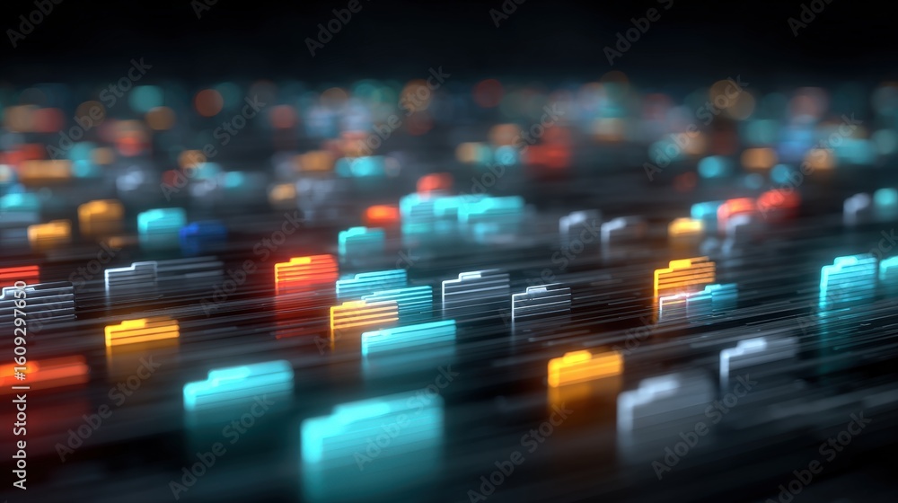 Poster abstract network grid with files and folders, futuristic software interface, digital document manage