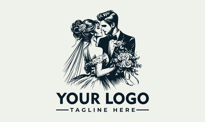 Elegant monochrome illustration of a bride and groom embracing, showcasing a romantic wedding logo design.