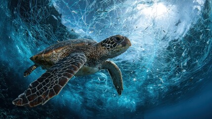 Fototapeta premium Sea Turtle Entangled in Plastic Pollution: A Plea for Ocean Conservation