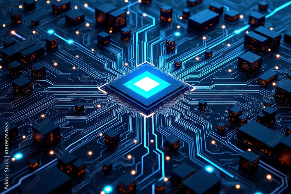 Poster x-default abstract close-up of a futuristic circuit board with glowing blue lines and orange leds