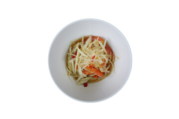Close-Up of Papaya Salad in a White Bowl on Transparent Background