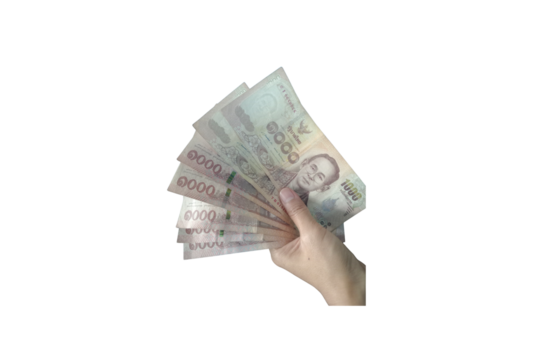 Hand Holding Thai Baht Banknotes Isolated on White Background