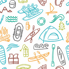 Vector seamless pattern from rafting and camping gear collection, hand drawn in doodle style	
