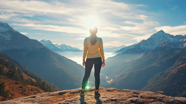 Woman standing on mountain peak at sunrise