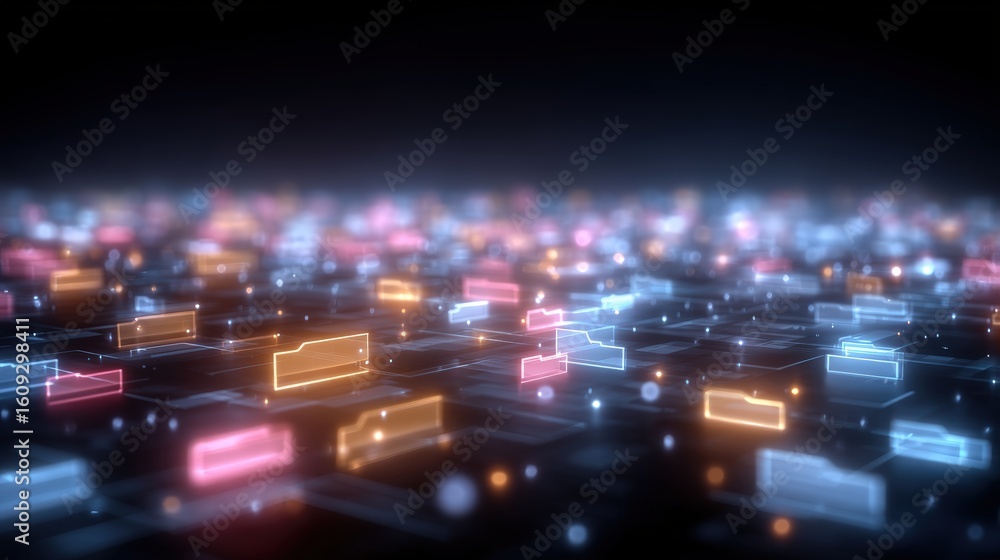 Poster abstract network grid with files and folders, futuristic software interface, digital document manage