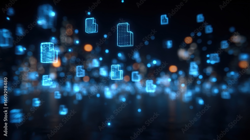 Poster abstract network grid with files and folders, futuristic software interface, digital document manage