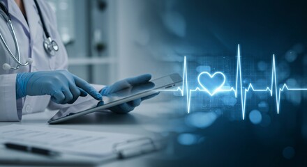 Fototapeta premium Ai diagnosis of heart health is shown by a digital heartbeat waveform.