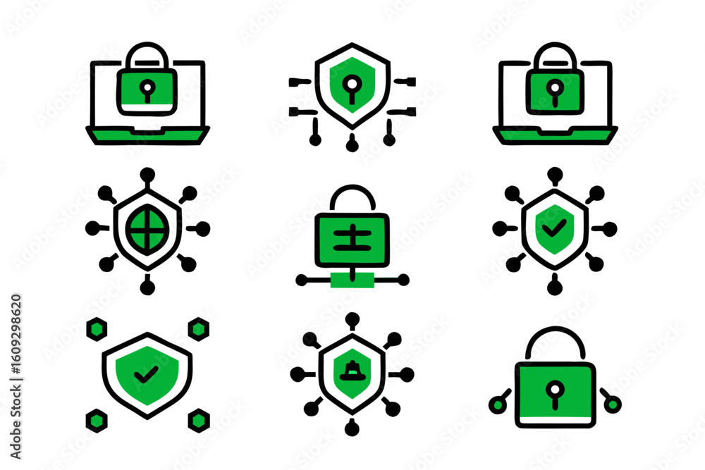 Poster comprehensive cybersecurity line art icon collection featuring data protection network security and 