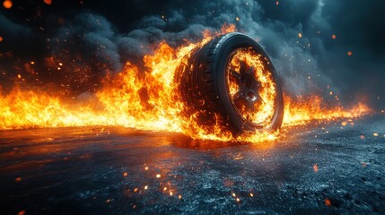 Flame of fire tire, burning car Tires, Strong Auto Tires Modern Diagnosis concept