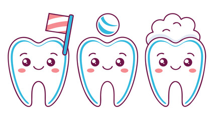 Three cute cartoon teeth with happy faces and dental hygiene items tooth clean
