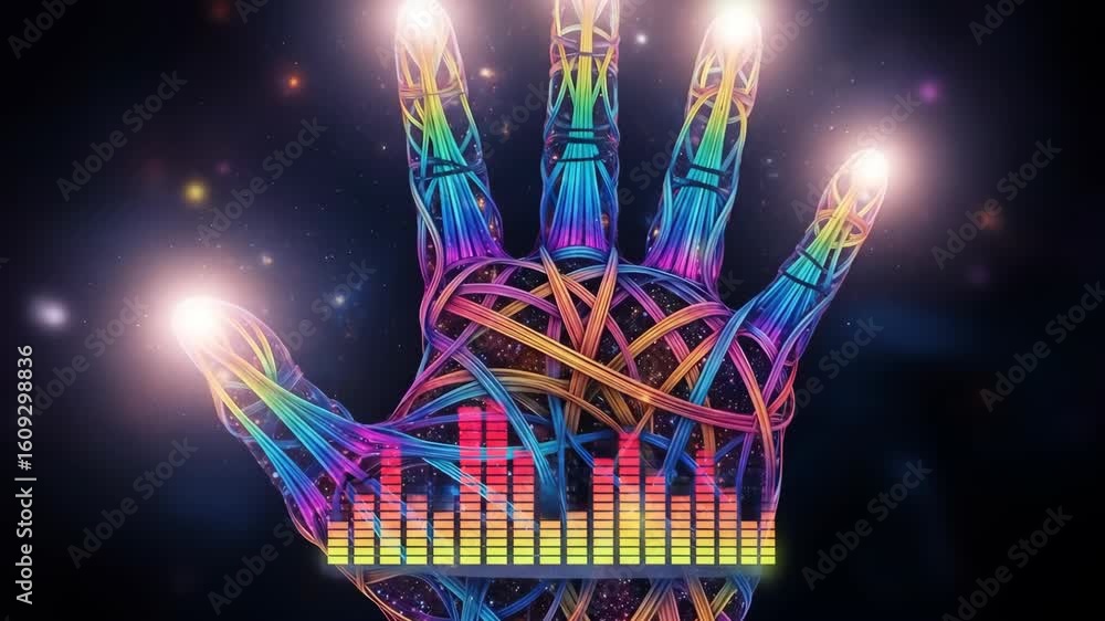 Poster abstract digital hand made of colorful neon wires with glowing fingertips and audio equalizer bars, 
