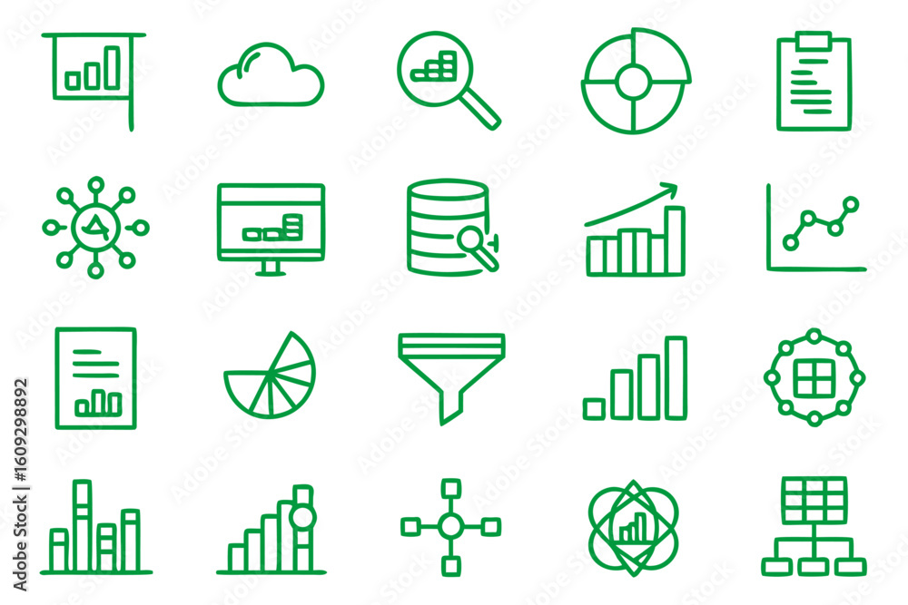 Poster comprehensive collection of clean modern line art symbols representing various aspects of data analy
