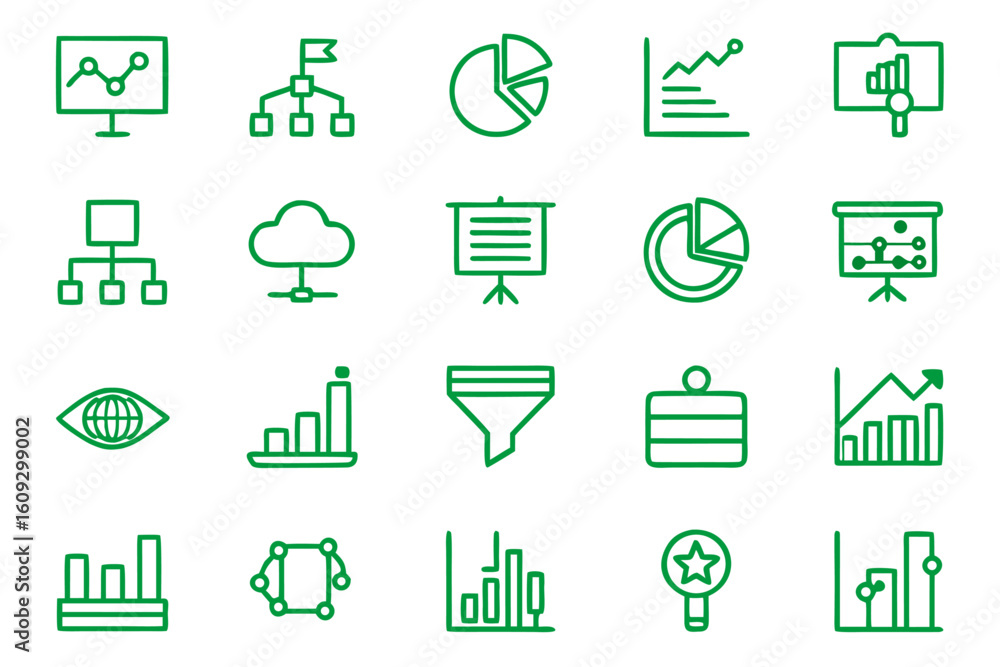 Poster comprehensive collection of clean modern line art symbols representing various aspects of data analy