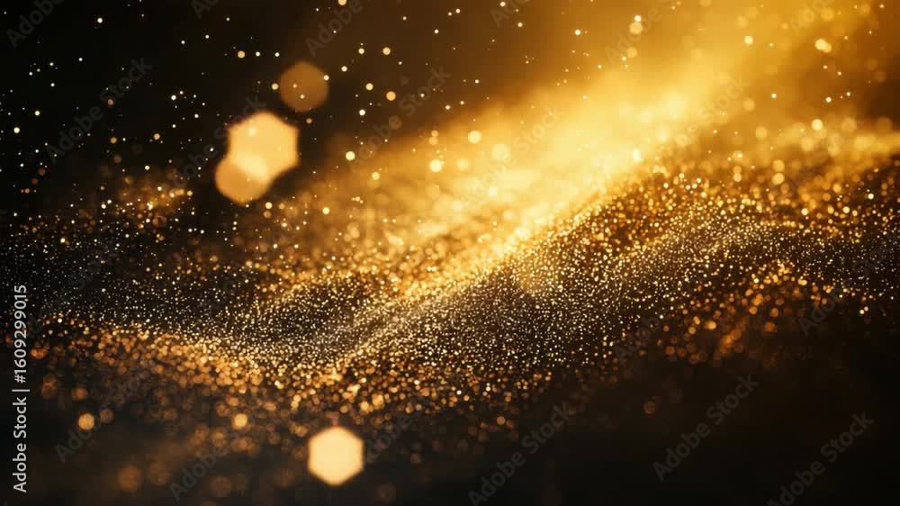 Poster ethereal golden sparkles and shimmering dust creating a magical bokeh effect in dark background