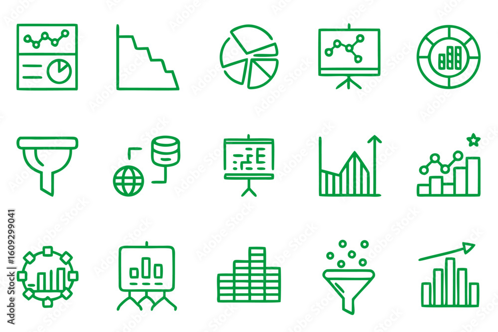 Poster comprehensive collection of modern line art symbols representing various aspects of data analysis an