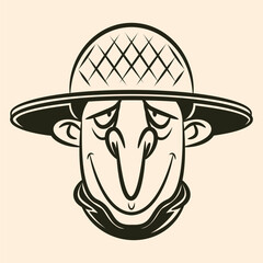 Farmer Head cartoon characters in vintage style, wearing a hat and scarf. Best for sticker, logo, and mascot with Traditional agriculture themes
