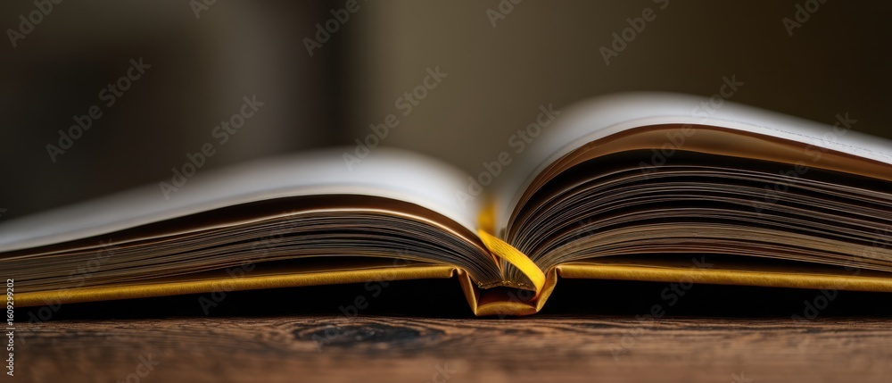 Poster the open book resting on a rustic wooden surface inviting exploration and imagination.