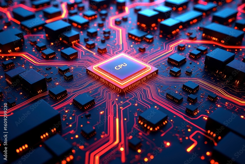 Poster x-default close-up of a cpu on a motherboard with glowing circuits