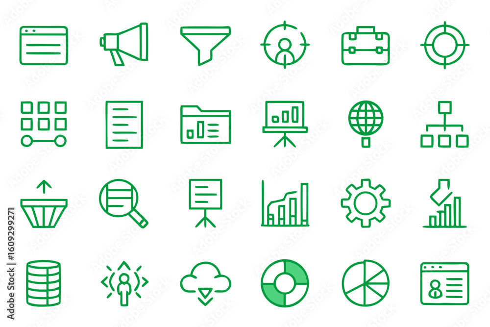 Poster comprehensive collection of modern data and technology line art symbols featuring a clean and profes