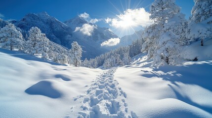 Footprints in the Snow with sun shining in a Winter, Forest Snow Drifts in a mountainous area with visible tracks