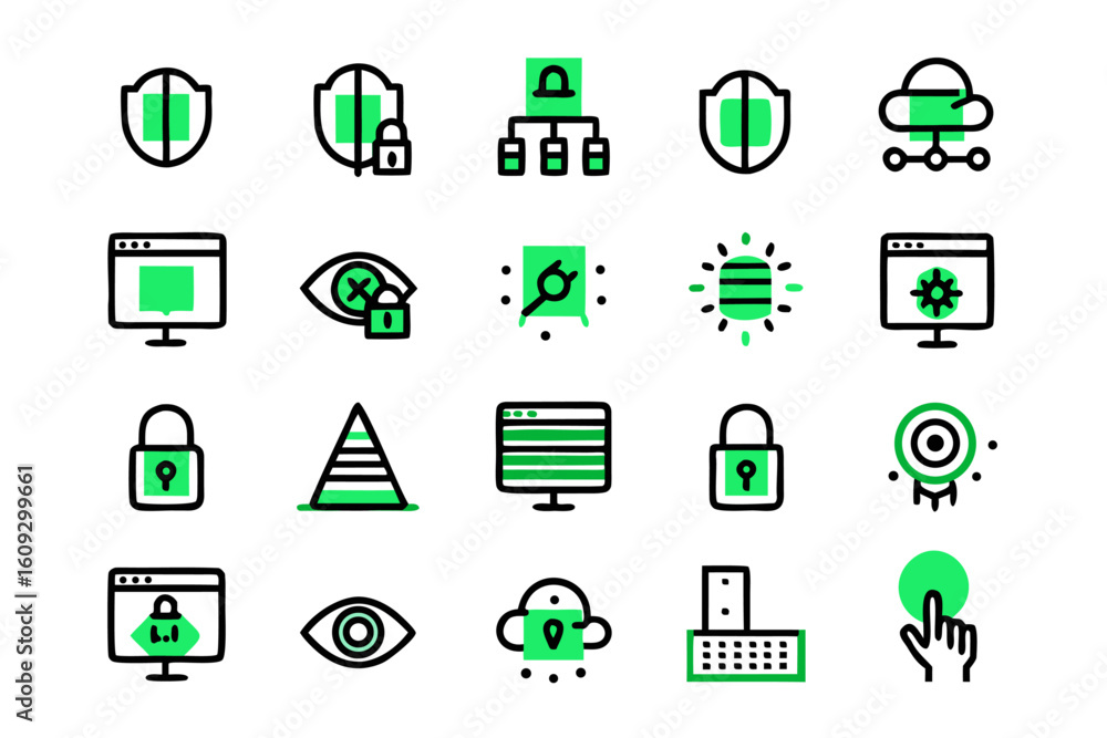 Aufkleber comprehensive collection of modern line art symbols representing data security privacy and digital p