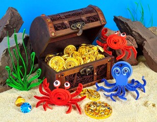 クイリングで描かれた海底の宝箱を見つけてはしゃぐカニとタコたちのイラスト