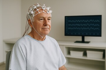 white elderly man sitting during eeg test with calm expression in quiet lab, brainwave data on screen, concept of memory check, cognitive monitoring, alzheimer detection
