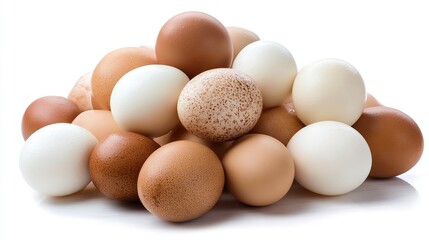 A pile of eggs on a white background, captured in high resolution with professional color grading, clean sharp focus, high-key lighting, and full details for clear visual presentation.