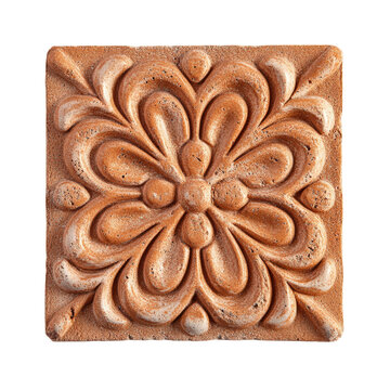 Decorative terracotta tile with floral design on transparent background