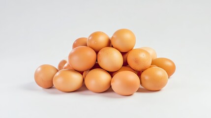 A pile of eggs on a white background, captured in high resolution with professional color grading, clean sharp focus, high-key lighting, and full details for clear visual presentation.