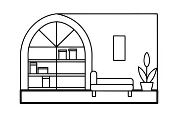 Living Room With Corner Shelf And Arched Window