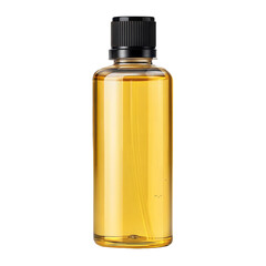 Transparent plastic bottle with golden yellow liquid and black screw cap for cosmetic or hair oil packaging mockup