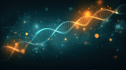 Digital DNA Helix Rising from Glowing Node Network in Teal‑Orange Tech Space