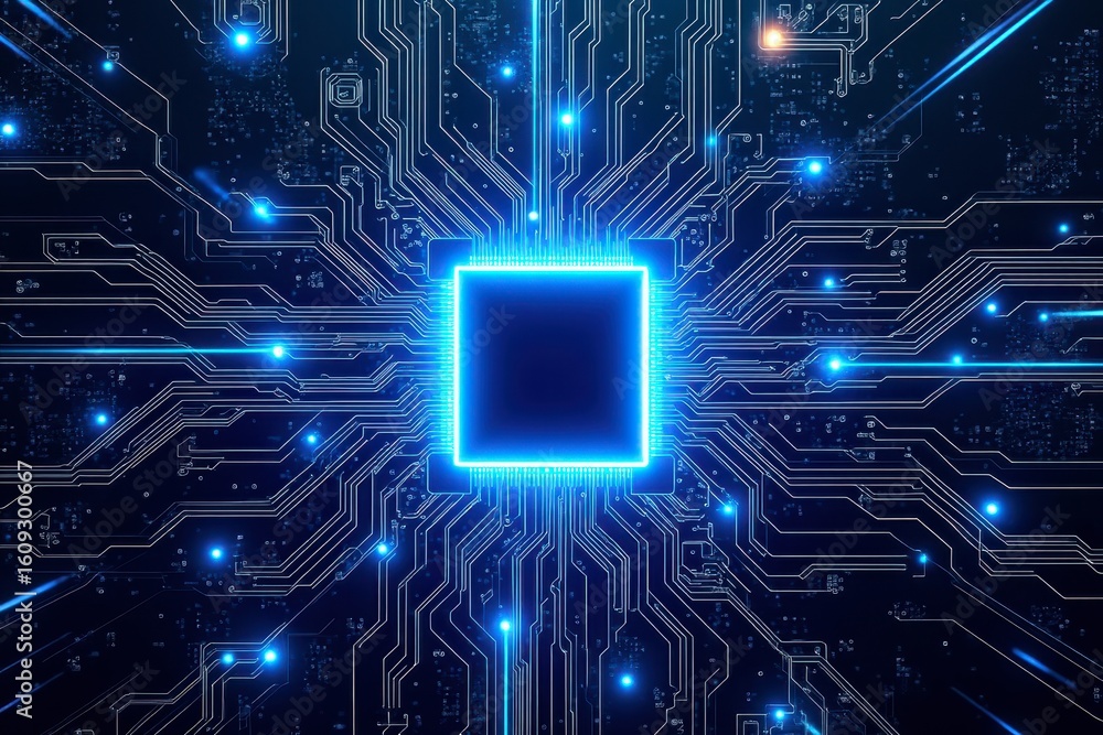 Poster x-default abstract close-up of a circuit board with glowing blue lines and a central processor