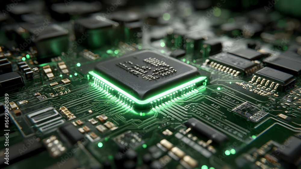 Poster stock photo of green glowing computer chip motherboard cpu processor technology electronics hardware