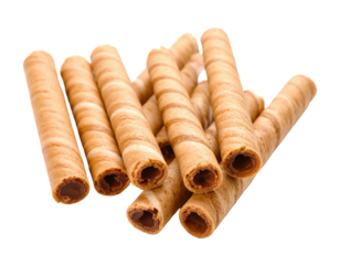 Crispy wafer rolls with chocolate cream on white background png