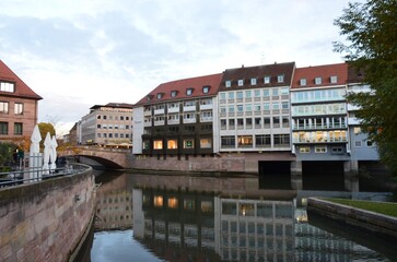 Nuremberg, Germany 10.16.2019: The River Pegnitz in Nuremberg from the Trödelmarkt IslandNuremberg, Germany 10.16.2019: The River Pegnitz in Nuremberg from the Trödelmarkt Island