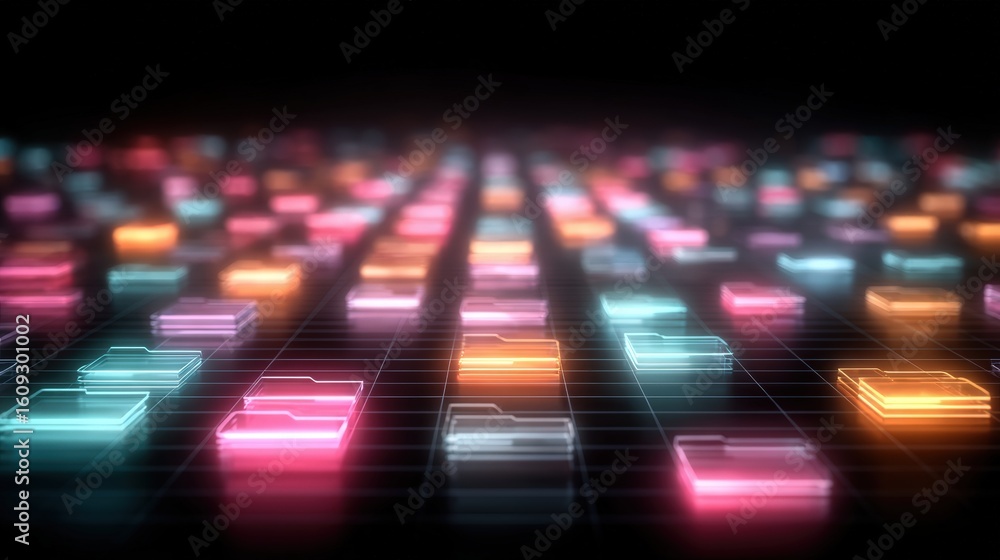 Poster abstract network grid with files and folders, futuristic software interface, digital document manage