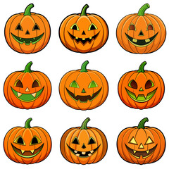 Set of nine carved orange jack-o'-lantern pumpkins with glowing eyes