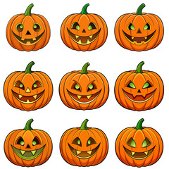 Set of nine carved orange jack-o'-lantern pumpkins with glowing eyes
