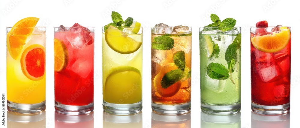 Poster the colorful array of refreshing summer drinks with vibrant garnishes.