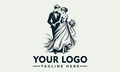 Elegant illustration of a bride and groom in wedding attire, embracing with a bouquet.