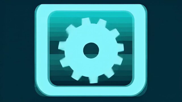 Teal gear icon centered in a rounded square frame, with horizontal striped background