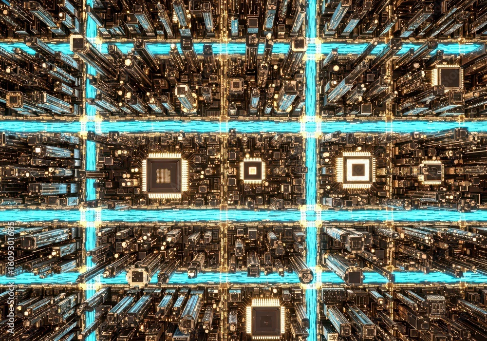Poster x-default abstract cityscape of microchips and circuits