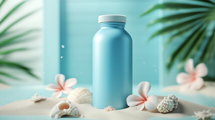 Blue reusable water bottle standing on sand surrounded by seashells and plumeria flowers with a tropical background, ideal for summer hydration and beach aesthetics