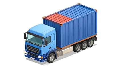 Isometric view of a blue truck carrying a large blue shipping container
