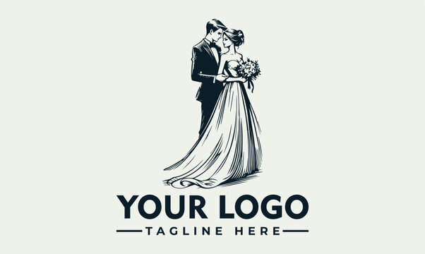 Vintage style logo of a couple in wedding attire, embracing, symbolizing love and marriage.