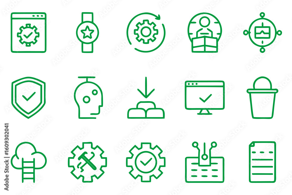Poster comprehensive collection of modern line art symbols representing various aspects of technological pr