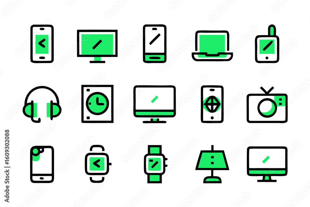 Poster modern line art collection showcasing various digital devices including computers smartphones and ta
