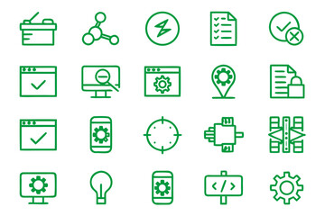 A comprehensive collection of modern line art symbols representing various aspects of technological advancement and business growth presented in a clean graphic format
